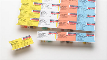 Multi-dose medication cards labeled by morning, noon, evening, and bedtime doses