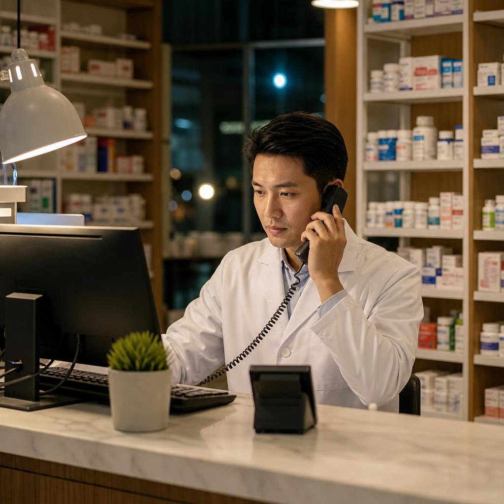 A pharmacist answering an after-hours call at the pharmacy