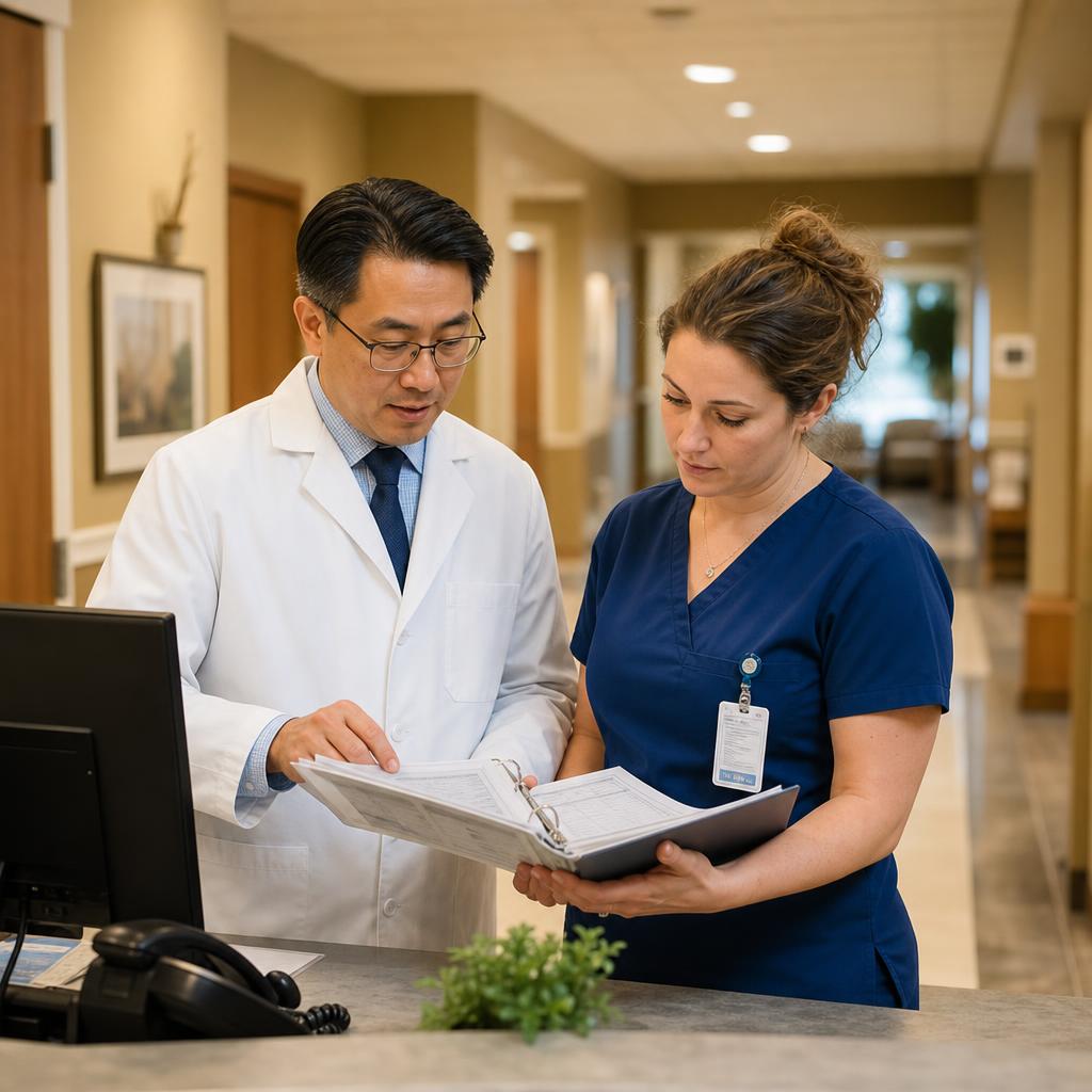 A consultant pharmacist reviewing medication charts with a nurse