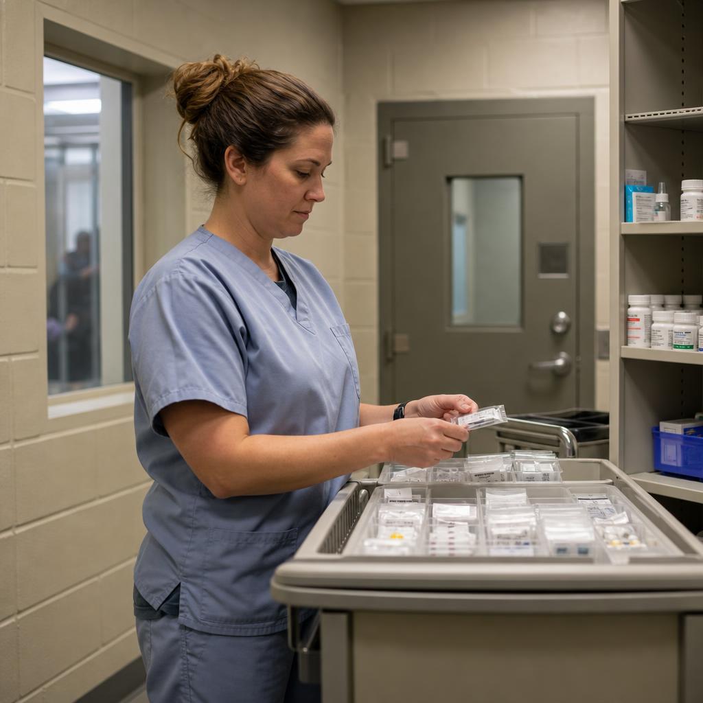 A healthcare professional walking through an institutional corridor