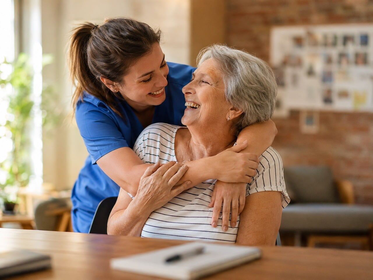 A caregiver holding hands with an elderly memory care resident