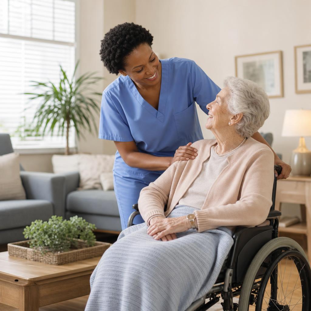 A nurse assisting an elderly resident in a skilled nursing community